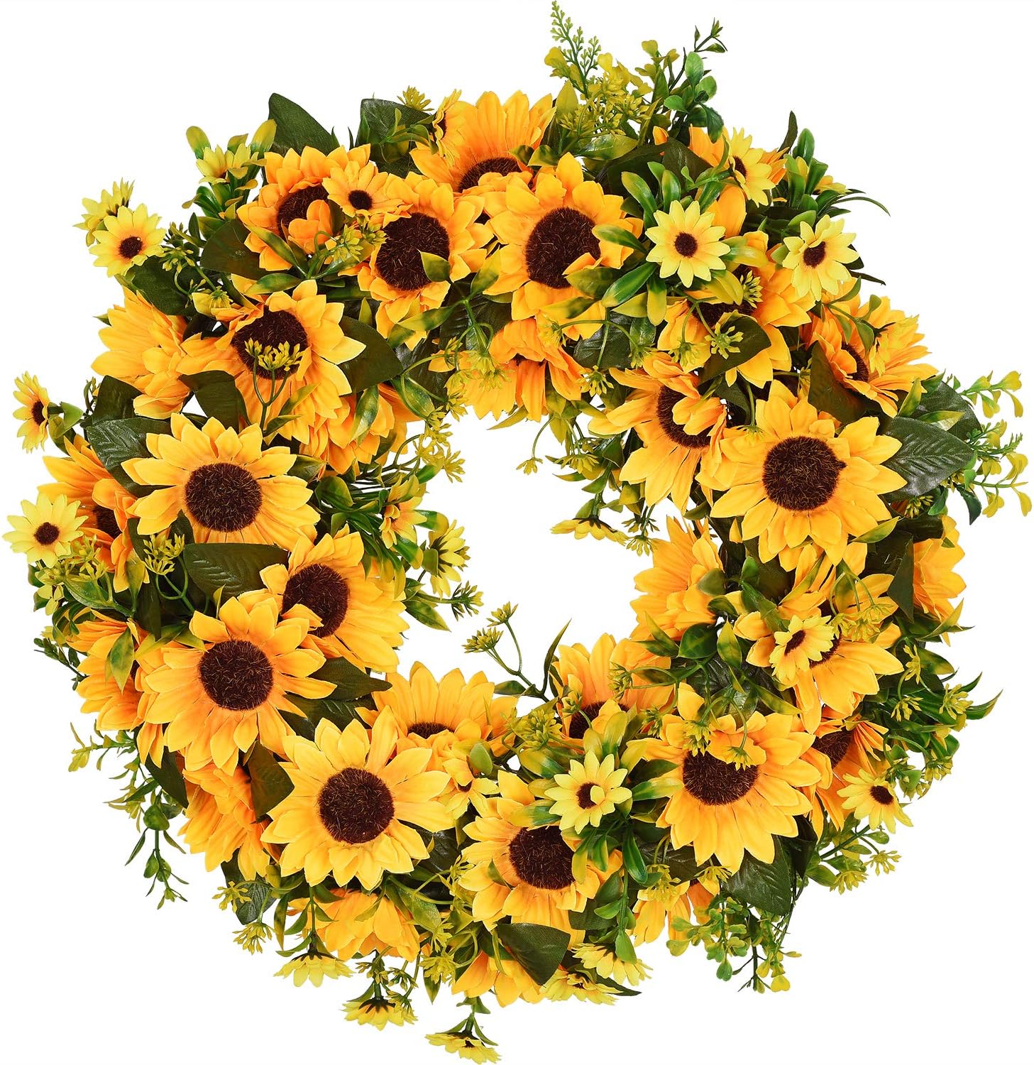 SUNFLOWER WREATH FOR FRONT DOOR – SUMMER FLORAL PORCH DÉCOR - Yellow 16" Sunflower Wreath