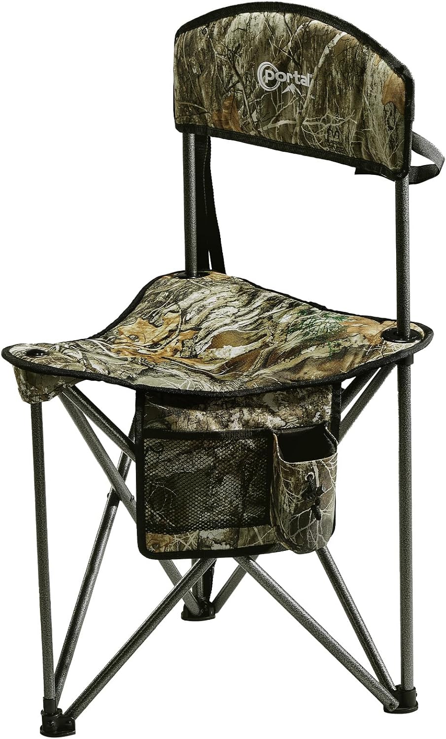 Tri-Lite Stool w/Back, Lightweight Portable Fishing Chair w/Cupholder and Carry Strap, Supports 225-Lb, Portable Outdoor Chair for the Hunting Blind, Camping, Travel, Hiking - Camo Folding Tripod Stool with Backrest
