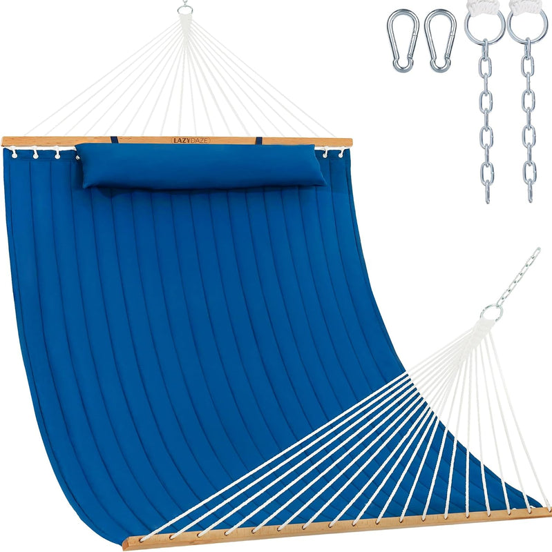 2-Person Quilted Outdoor Hammock – 12FT Double-Layer with Pillow & Storage Pockets - Bright Blue