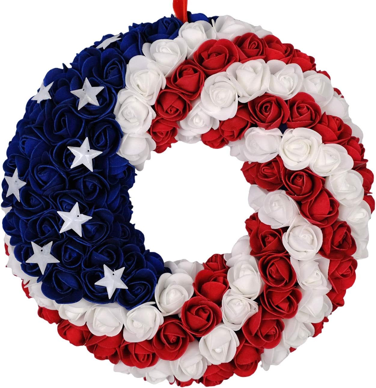Patriotic Americana Wreath for Front Door – 4th of July Red White Blue Wreath, Independence Day Memorial Day Summer Wall Porch Decor - Red & White & Blue 13" Patriotic Rose Wreath