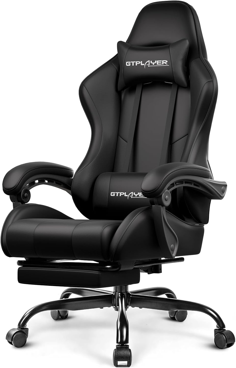 GAMING CHAIR WITH FOOTREST – LUMBAR SUPPORT & 360° SWIVEL - Black Adjustable Gaming Chair with Footrest & Lumbar Support