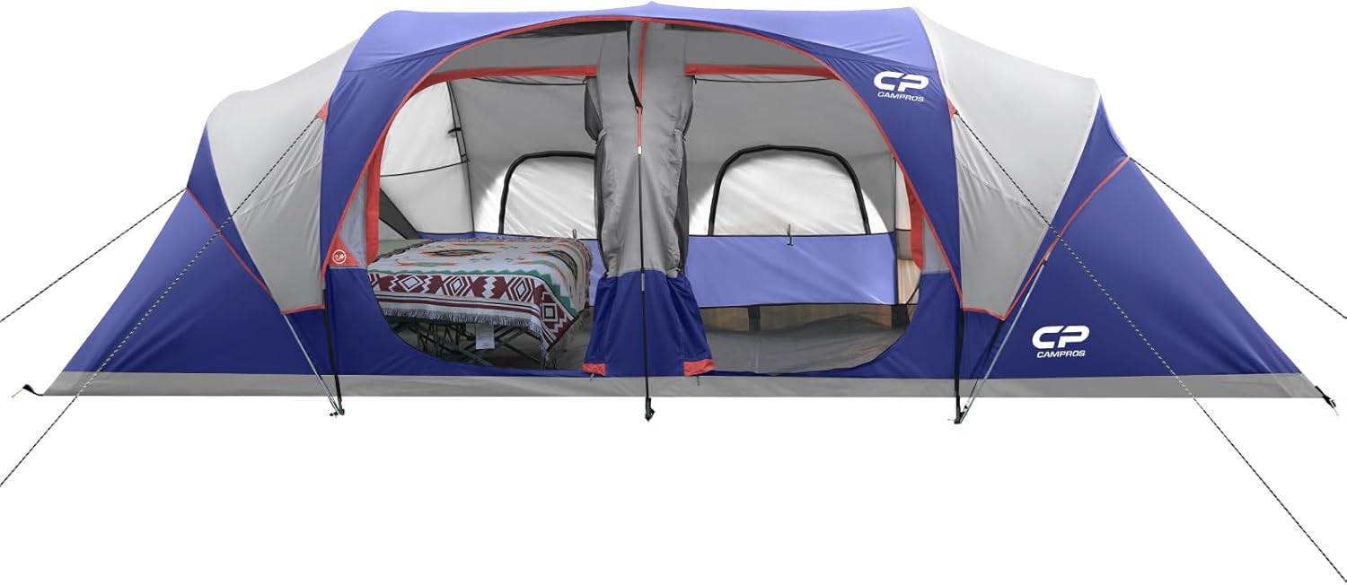 10–12 PERSON WATERPROOF CABIN CAMPING TENT WITH ROOM DIVIDERS, RAINFLY & CARRY BAG - Blue - 12 Person Tent