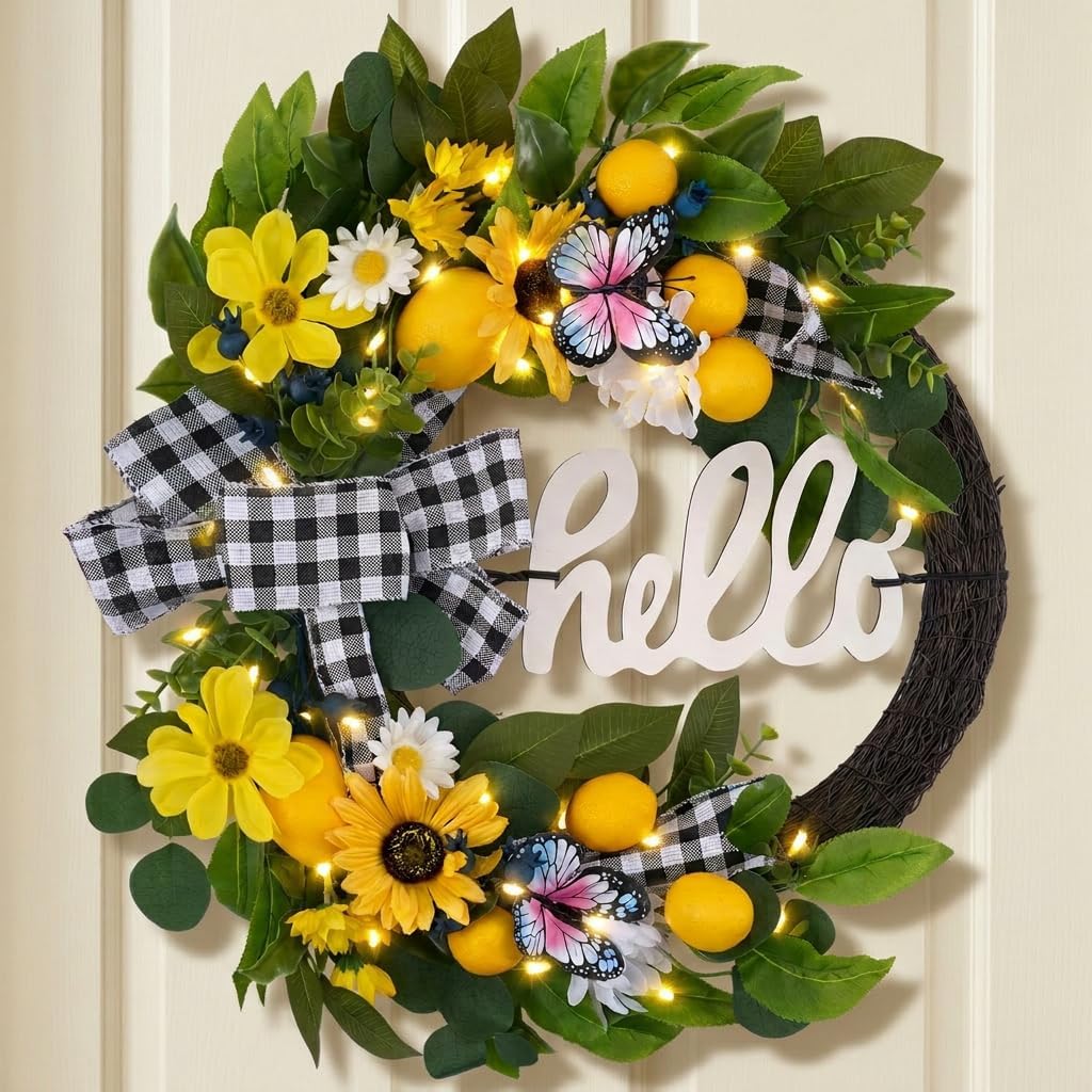 Artificial Sunflower & Lemon Wreath for Front Door – Summer Farmhouse Welcome Wreath with Daisy & Eucalyptus Accents, Year Round Porch Wall Decor - Yellow & Green 24" Pre-Lit Lemon Sunflower Wreath