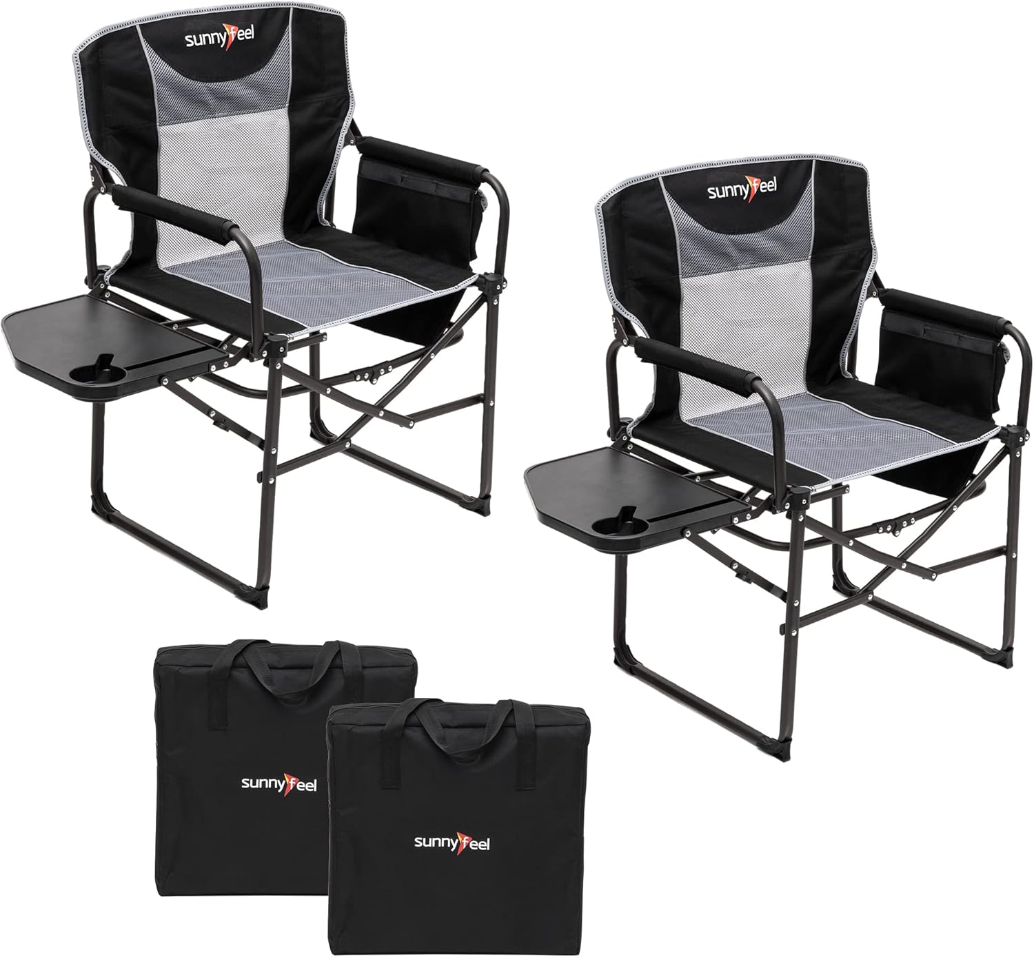 Camping Directors Chair, Heavy Duty,Oversized Portable Folding Chair with Side Table, Pocket for Beach, Fishing,Trip,Picnic,Lawn Blue - Black Grey-2set