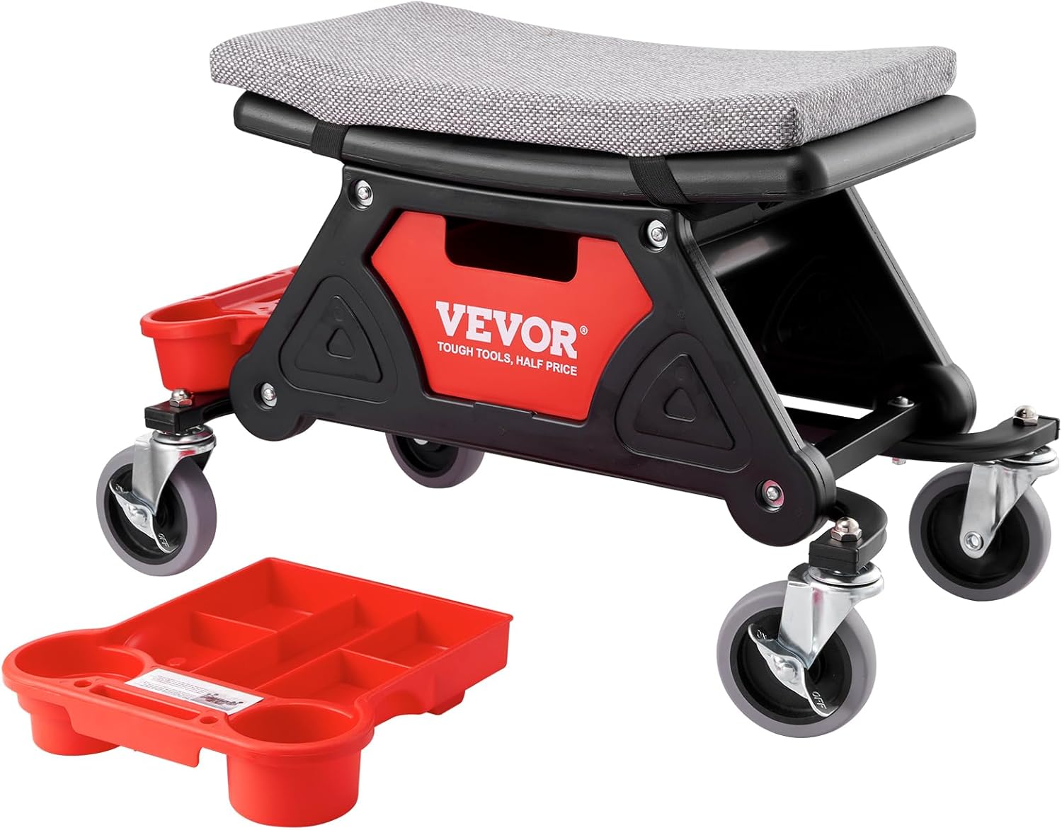 Mobile Mechanic Toolbox Seat with Drawers - Rolling Mechanic Stool with Sliding Tool Tray, Shop Stool with Wheels for Garage & Workshop, Auto Repair - Black & Red 300 lb Rolling Mechanic Stool with Tool Trays