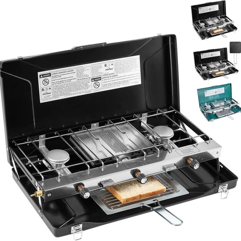Portable Propane Camping Stove – 2 & 3 Burner Outdoor Stove with Grill & Wind Protection