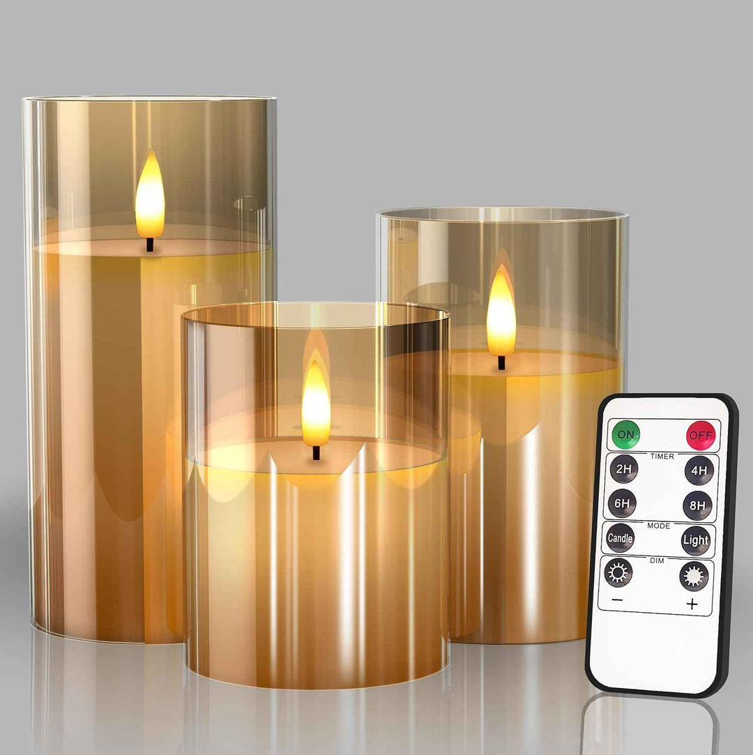 Flameless Candles with Remote & Timer – Glass Pillar Set of 3