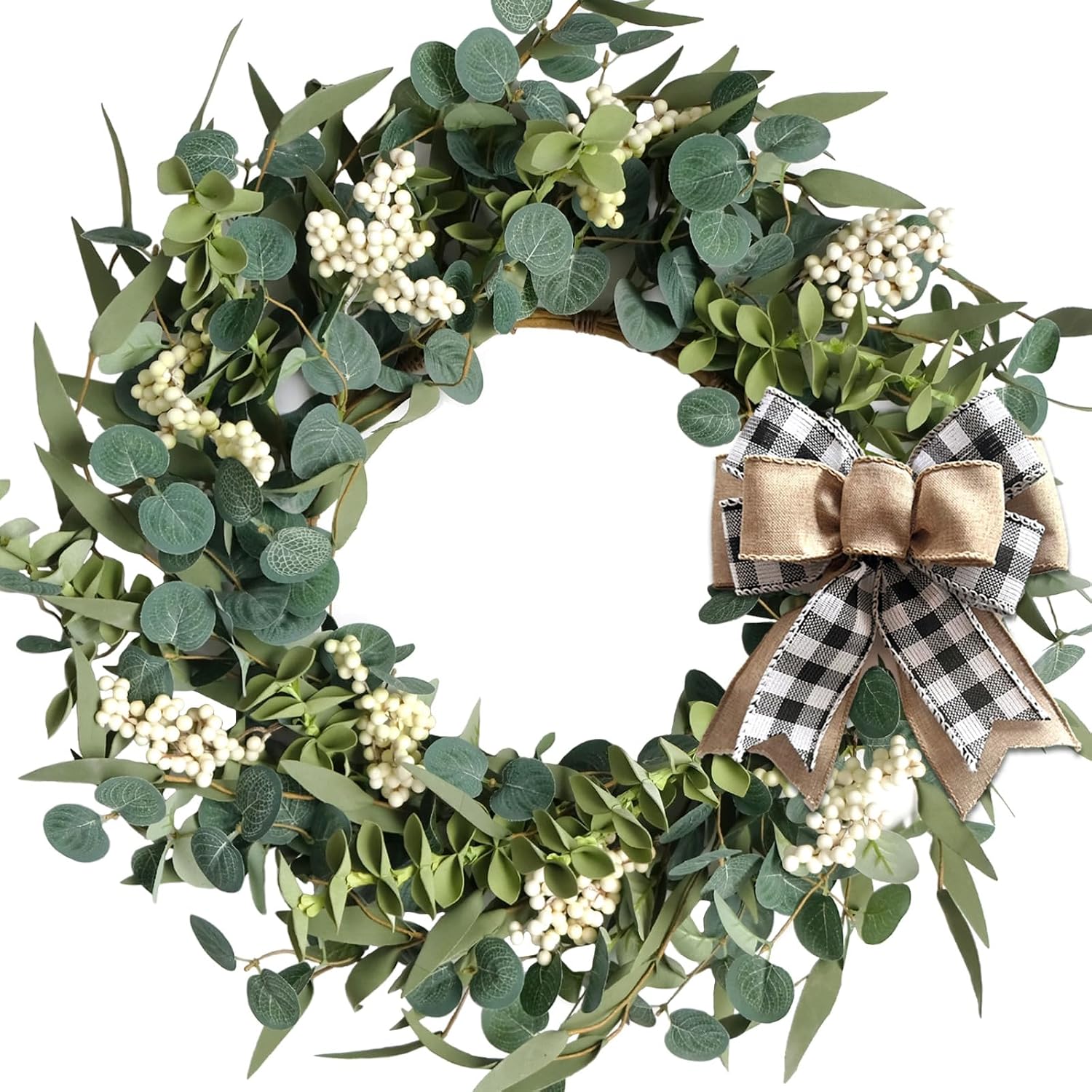EUCALYPTUS WREATH FOR FRONT DOOR – FARMHOUSE GREENERY DÉCOR - Green 20" Eucalyptus & White Berry Wreath