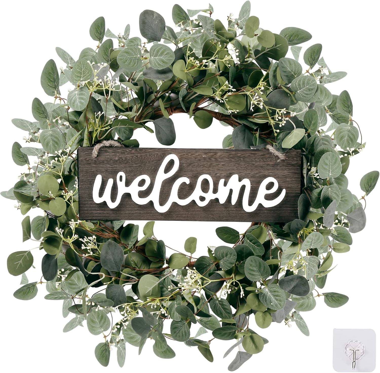 EUCALYPTUS WREATH FOR FRONT DOOR – FARMHOUSE GREENERY DÉCOR - Green 20" Eucalyptus Welcome Sign Wreath