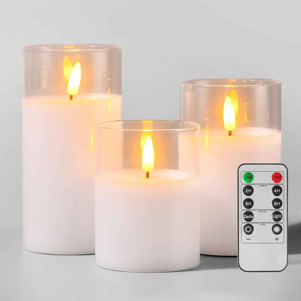Flameless Candles with Remote & Timer – Glass Pillar Set of 3