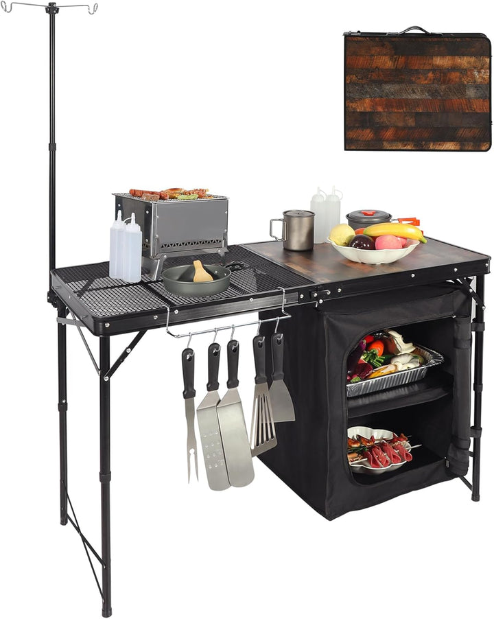 Camping Portable Cook Station/Kitchen Table, Folding Outdoor Cooking Table with Storage