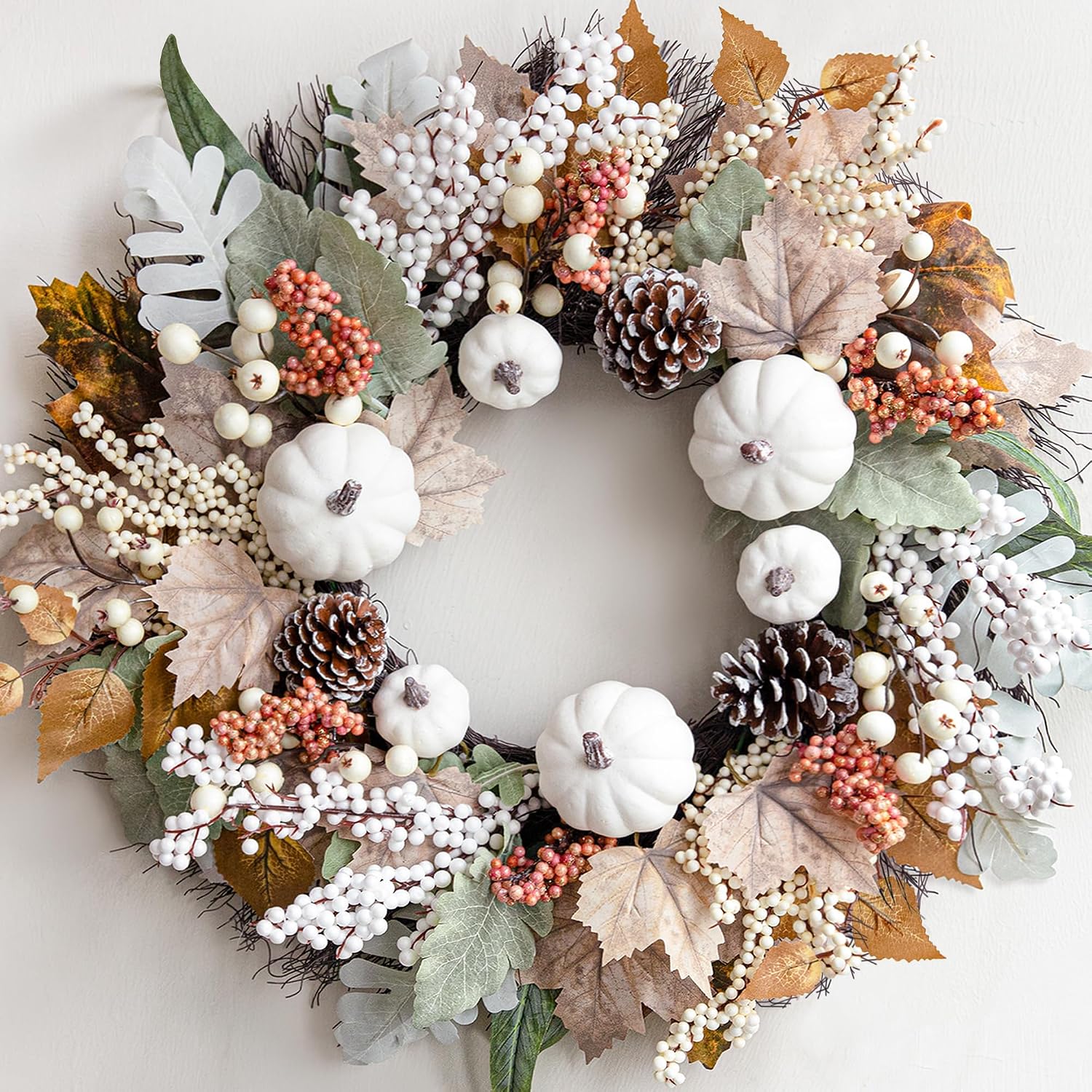 Fall Wreaths for Front Door - Autumn Wreath with Pumpkins, Sunflowers, Maple Leaves, Berries & Pine Cones for Outdoor Indoor Farmhouse Thanksgiving Decor - White & Green 18" Pumpkin Pine Cone & Berry Fall Wreath