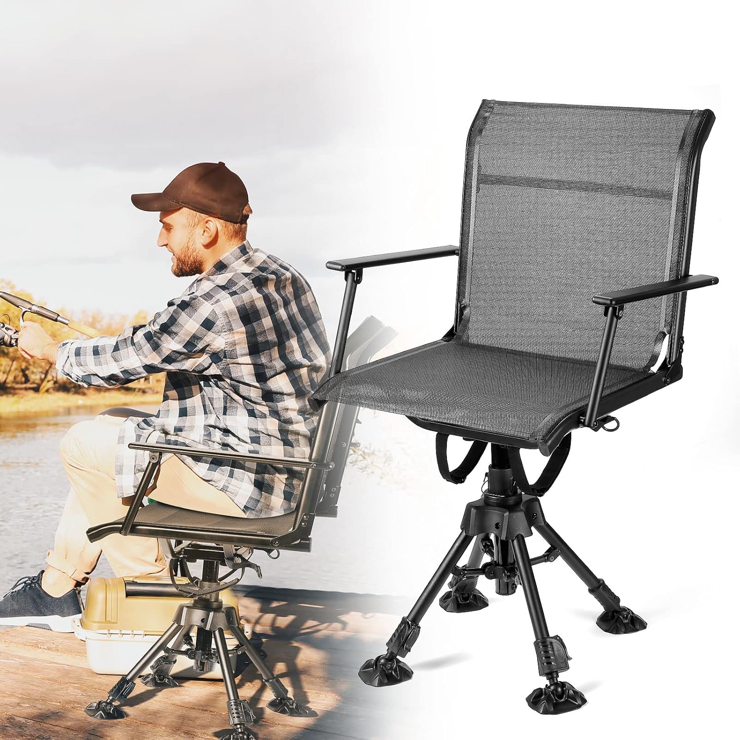360° Swivel Hunting Chair with Adjustable Legs & Rifle Rest – Portable Tripod Seat - 360 Swivel feet adjustable Black