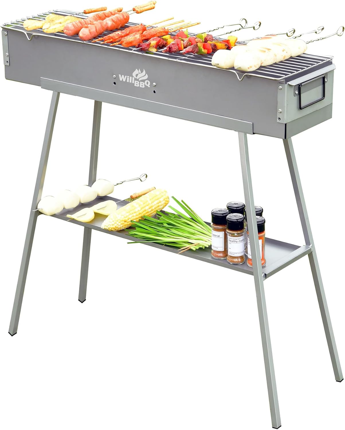 PORTABLE CHARCOAL HIBACHI GRILL – COMMERCIAL-QUALITY FOLDABLE BBQ GRILL FOR CAMPING, BACKYARD & OUTDOOR COOKING - Silver Portable Charcoal Grill 31.6"L x 7.1"W