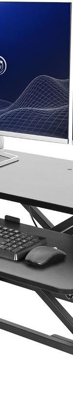 Black standing desk converter shown raised to standing height with keyboard tray extended - Black 36"