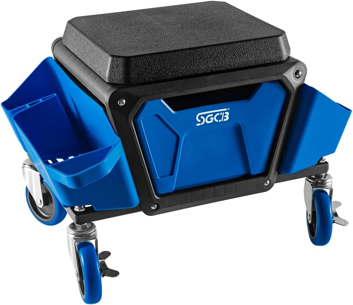 Mobile Mechanic Toolbox Seat with Drawers - Rolling Mechanic Stool with Sliding Tool Tray, Shop Stool with Wheels for Garage & Workshop, Auto Repair - Blue & Black 330 lb Rolling Mechanic Stool