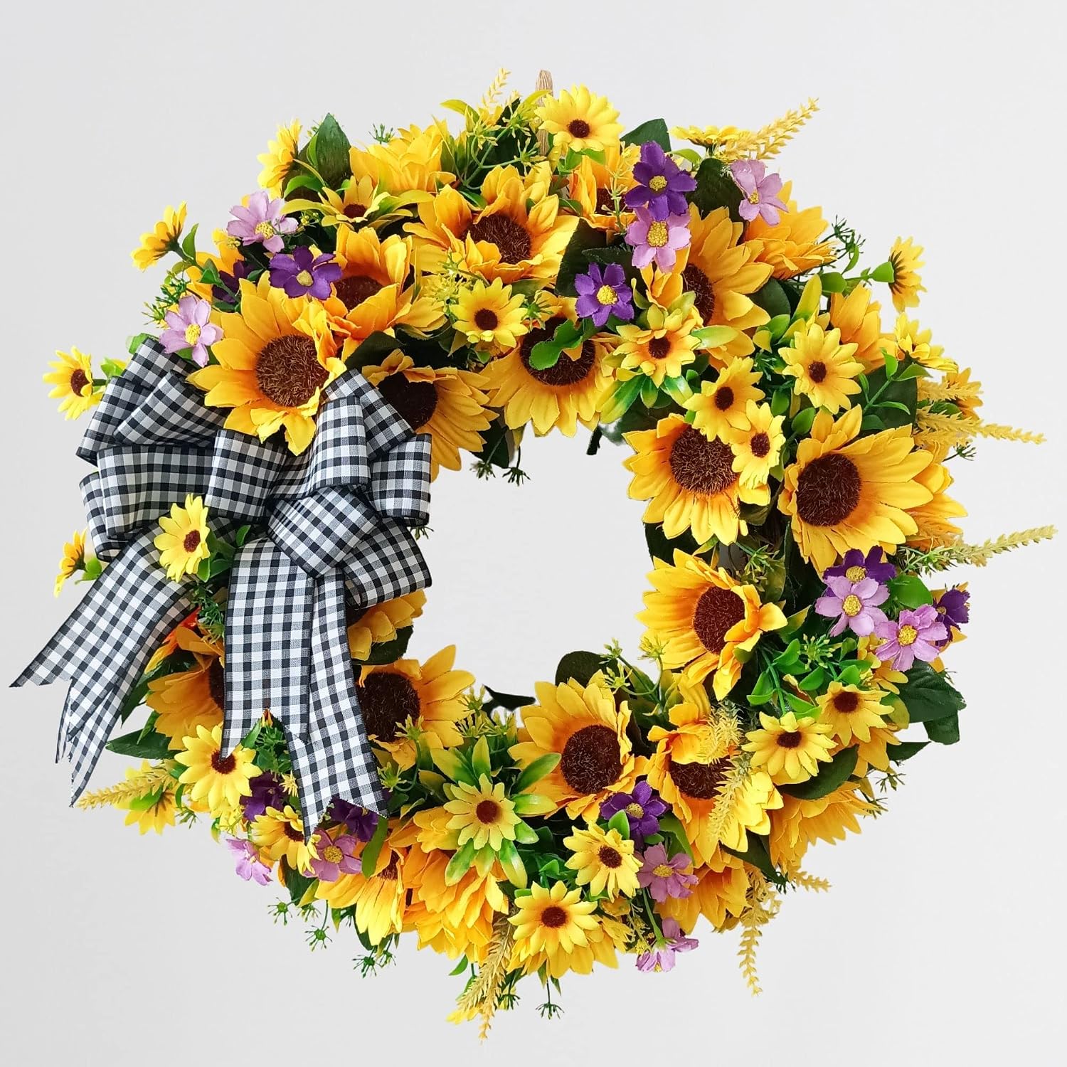 Artificial Sunflower & Lemon Wreath for Front Door – Summer Farmhouse Welcome Wreath with Daisy & Eucalyptus Accents, Year Round Porch Wall Decor - Yellow 18" Sunflower & Gingham Bow Wreath