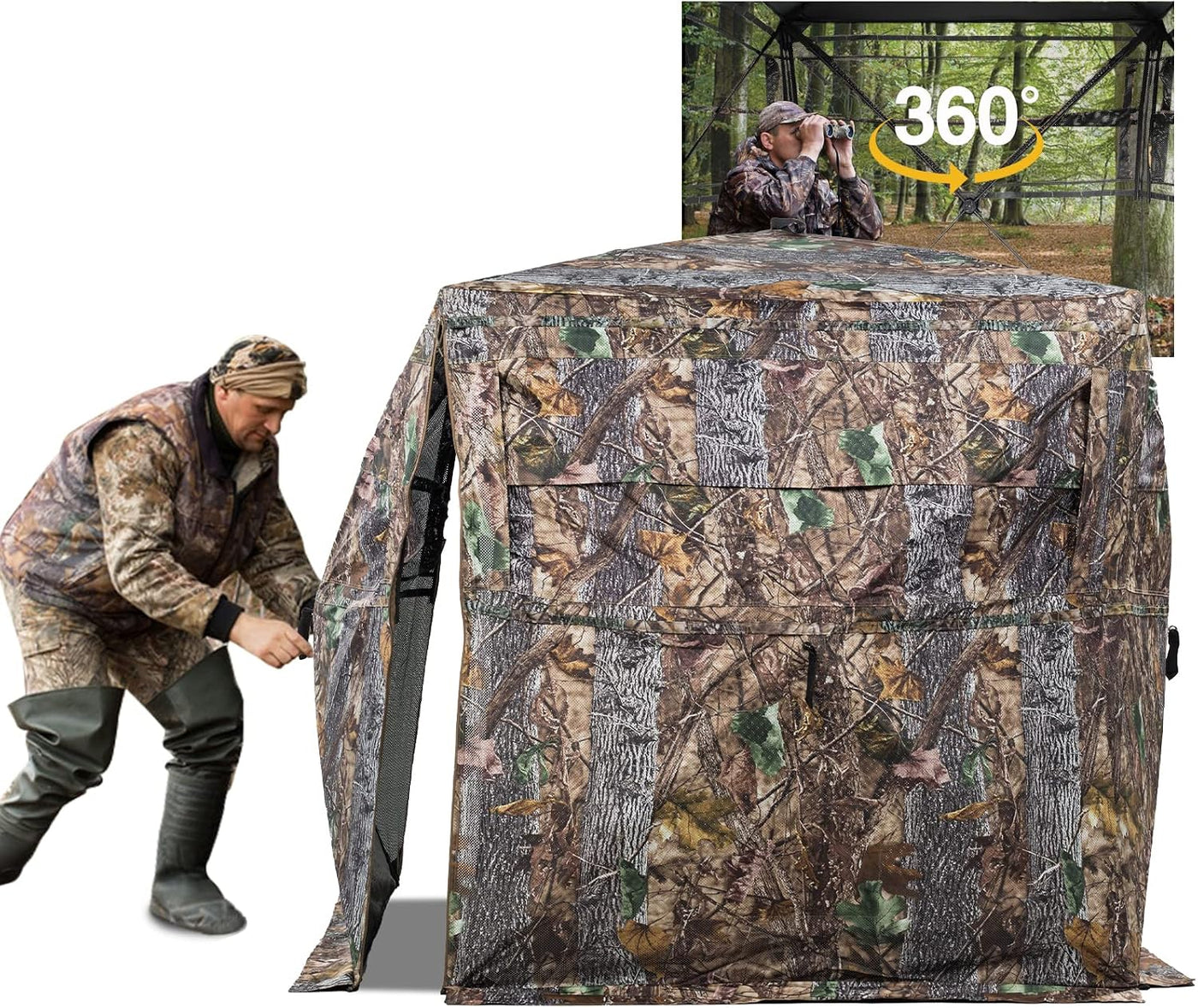 VEVOR Hunting Blind See Through Ground Blinds with Carrying Bag, 360 Degree Portable Camouflage Tent Durable Concealed Shelter with Silent Side Door and Window, for Turkey and Deer - 2-3 Person 360 deg