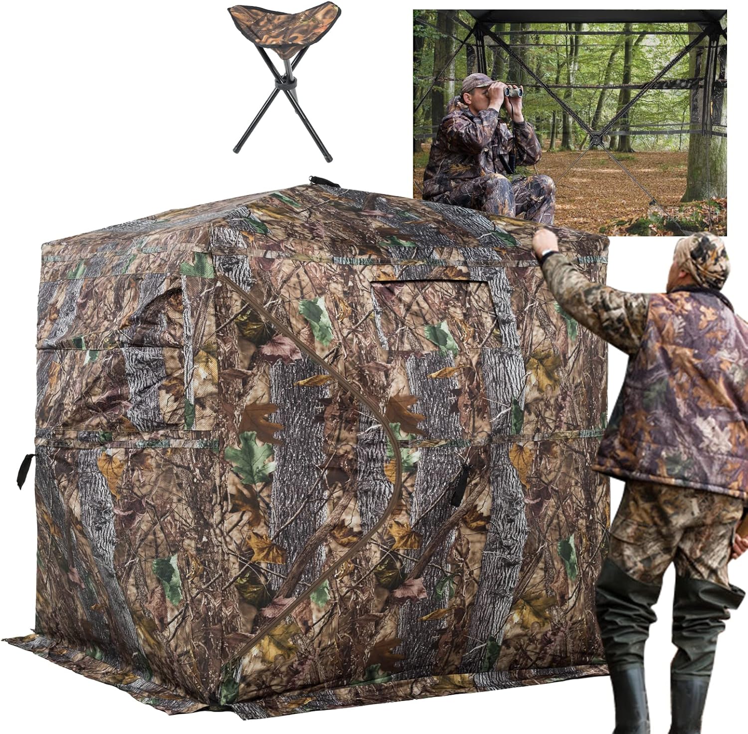 SucceBuy 270° & 360° See Through Pop Up Hunting Blind, 2-3 Person / 3-4 Person Ground Deer Blind with Carrying Bag, Portable Hunting Tent - 2-3 person 270 deg +chair