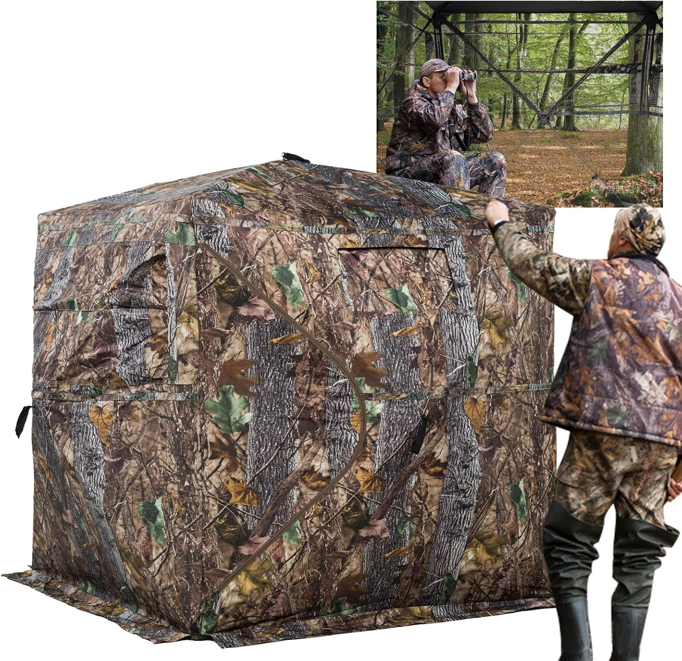 VEVOR Hunting Blind See Through Ground Blinds with Carrying Bag, 360 Degree Portable Camouflage Tent Durable Concealed Shelter with Silent Side Door and Window, for Turkey and Deer - 2-3 Person 270 deg