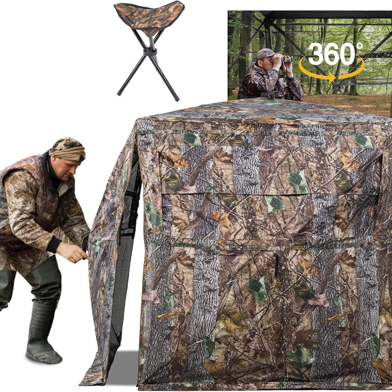 VEVOR Hunting Blind See Through Ground Blinds with Carrying Bag, 360 Degree Portable Camouflage Tent Durable Concealed Shelter with Silent Side Door and Window, for Turkey and Deer