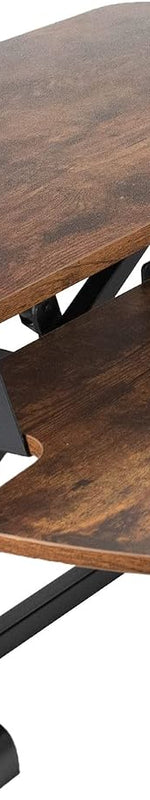 Black standing desk converter shown raised to standing height with keyboard tray extended - Vintage Brown 36"