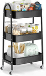 3-TIER ROLLING UTILITY CART – METAL STORAGE ORGANIZER WITH LOCKABLE WHEELS - Media 1