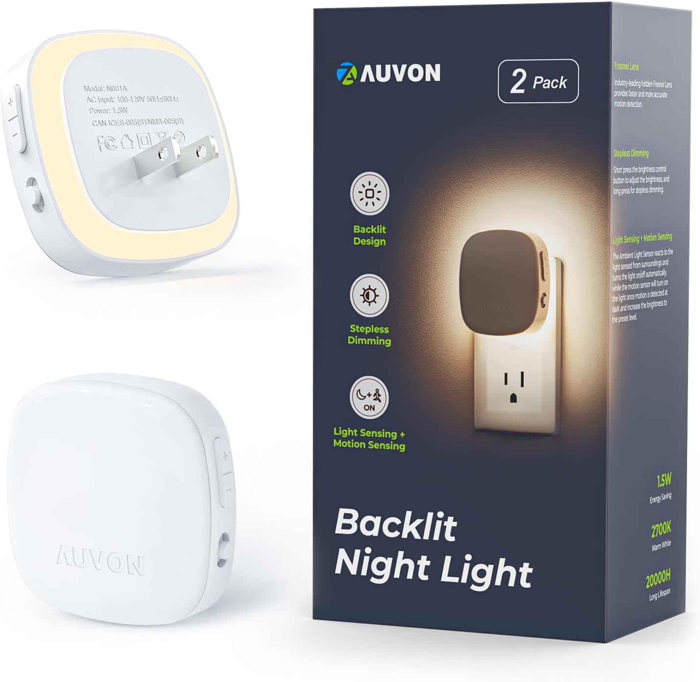 PLUG-IN NIGHT LIGHT – MOTION SENSOR, DUSK-TO-DAWN & DIMMING - 2200K Warm White 2-Pack AUVON Backlit Night Lights