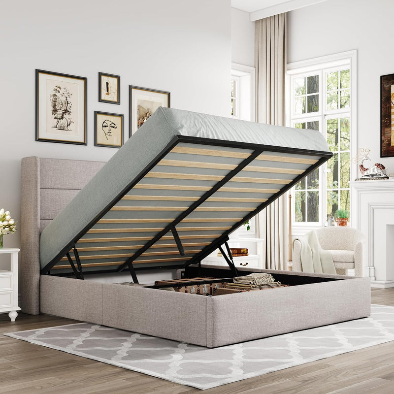 Lift-Up Storage Bed Frame with Upholstered Wingback Headboard
