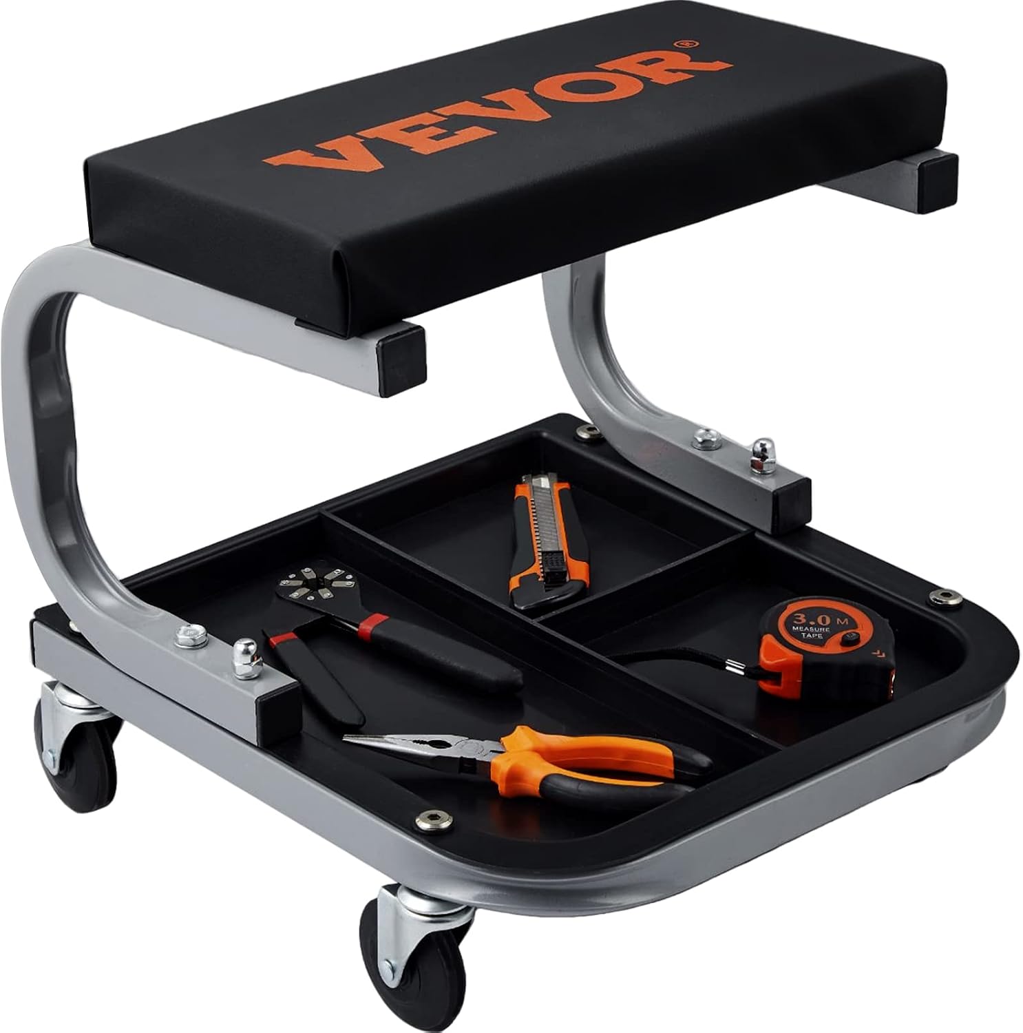 Rolling Mechanic Stool with Tool Tray - Creeper Seat with Wheels for Garage & Shop, Rolling Work Stool with Wheels for Mechanics, Auto Repair Workshop - Black 250 lbs