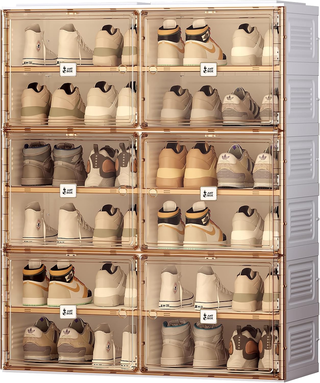 White three-drawer flip shoe cabinet with all three drawers open in a bedroom corner- a flip clock and small plant on top