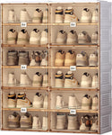 White three-drawer flip shoe cabinet with all three drawers open in a bedroom corner- a flip clock and small plant on top - Brown 6-Tier 24-Pair Foldable Shoe Cabinet