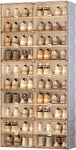 White three-drawer flip shoe cabinet with all three drawers open in a bedroom corner- a flip clock and small plant on top - Brown 10-Tier 40-Pair Foldable Shoe Cabinet