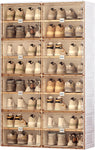 White three-drawer flip shoe cabinet with all three drawers open in a bedroom corner- a flip clock and small plant on top - Brown 8-Tier 32-Pair Foldable Shoe Cabinet