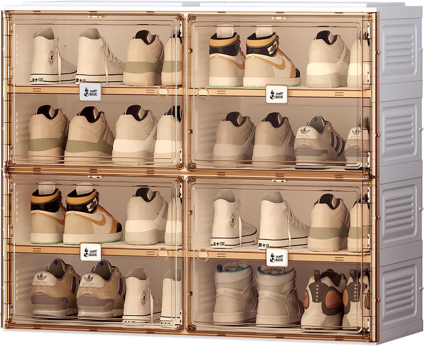 White three-drawer flip shoe cabinet with all three drawers open in a bedroom corner- a flip clock and small plant on top
