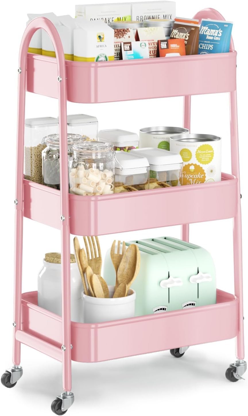 3-TIER ROLLING UTILITY CART – METAL STORAGE ORGANIZER WITH LOCKABLE WHEELS - Pink 3-Tier Metal Rolling Utility Cart