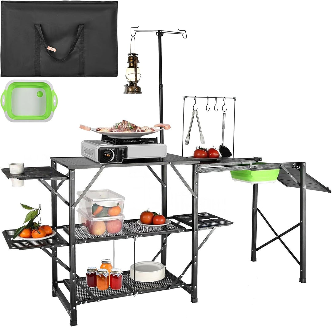 Camping Portable Cook Station/Kitchen Table, Folding Outdoor Cooking Table with Storage