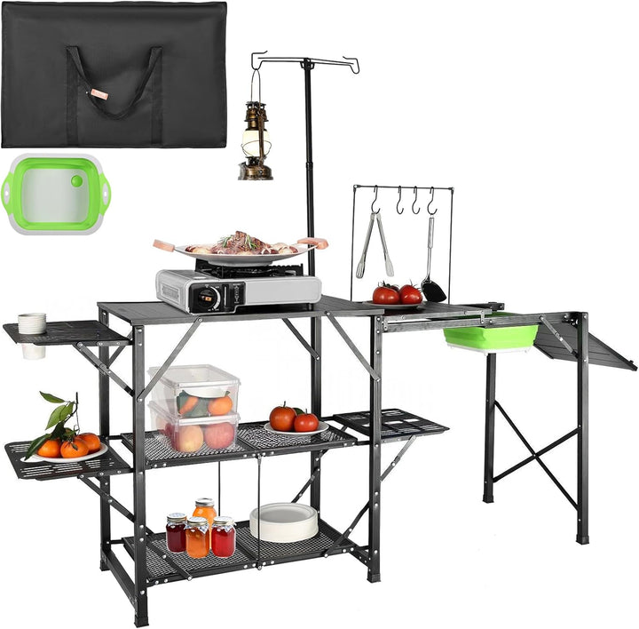 Camping Portable Cook Station/Kitchen Table, Folding Outdoor Cooking Table with Storage