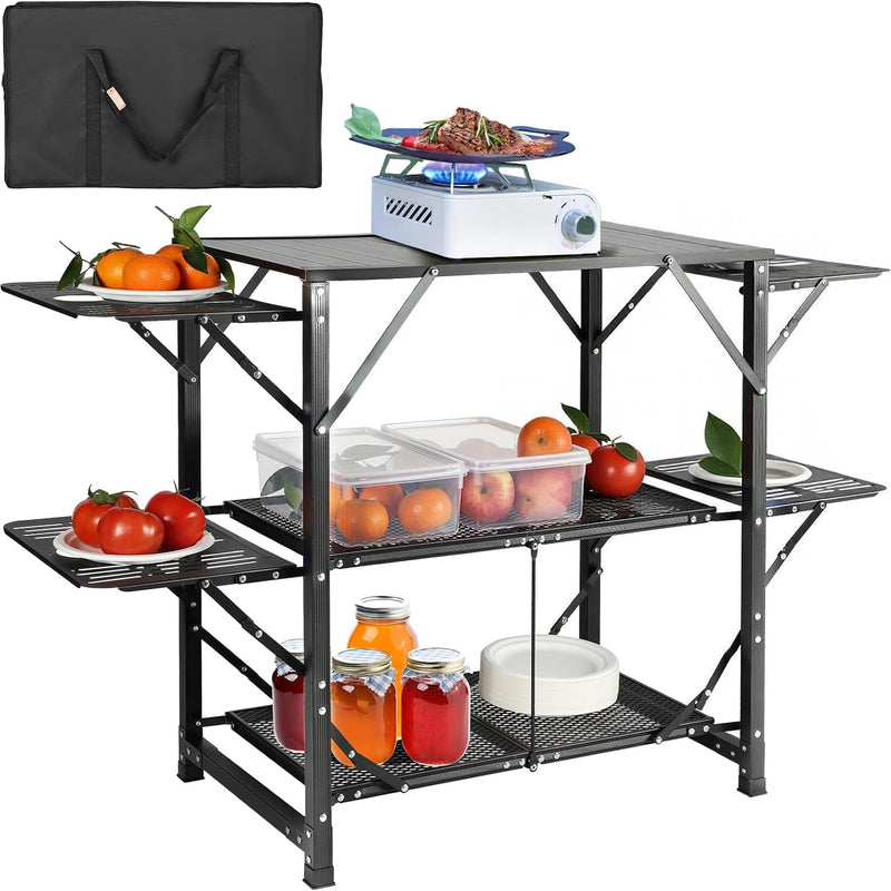 Camping Portable Cook Station/Kitchen Table, Folding Outdoor Cooking Table with Storage