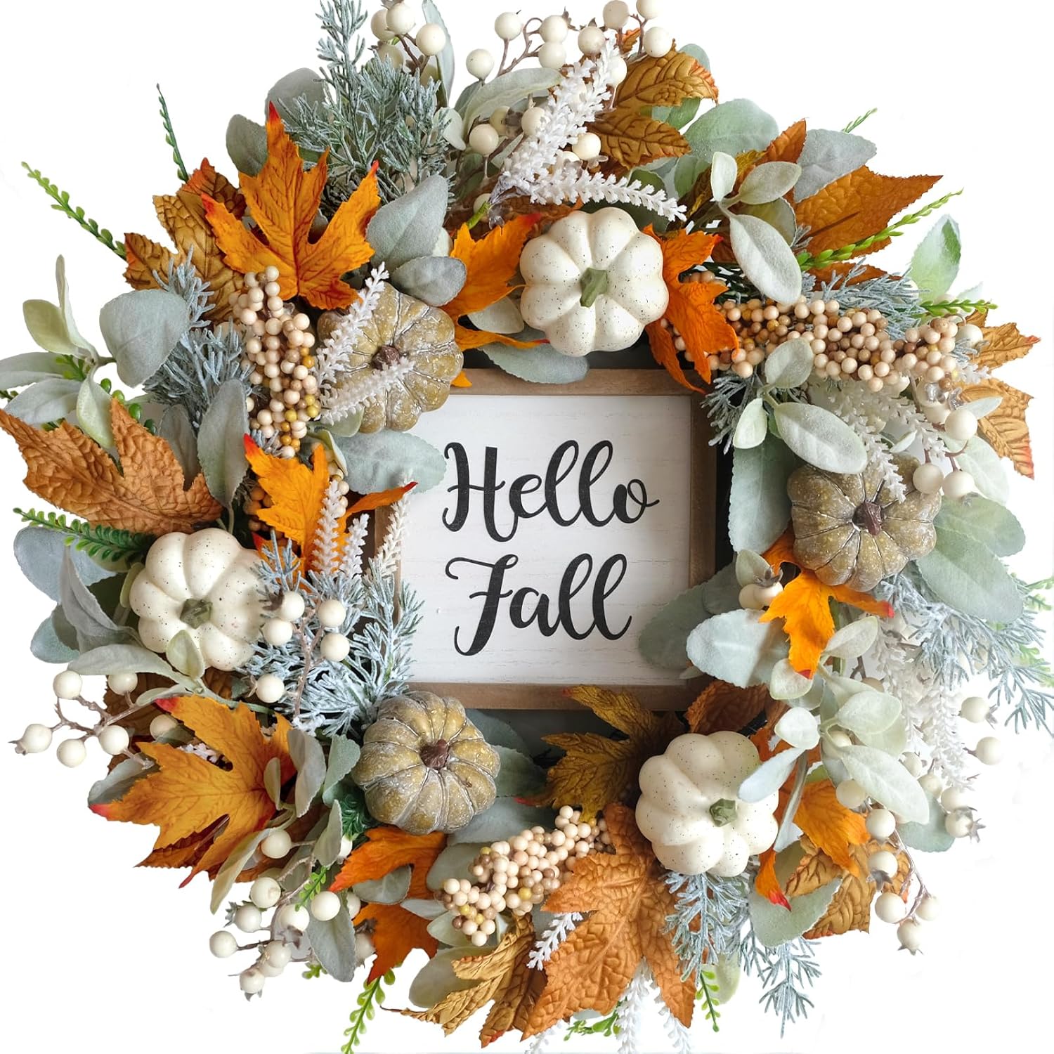 PUMPKIN WREATH FOR FRONT DOOR – FALL FARMHOUSE DÉCOR - White & Orange 20" Pumpkin Eucalyptus & Lamb’s Ear Fall Wreath