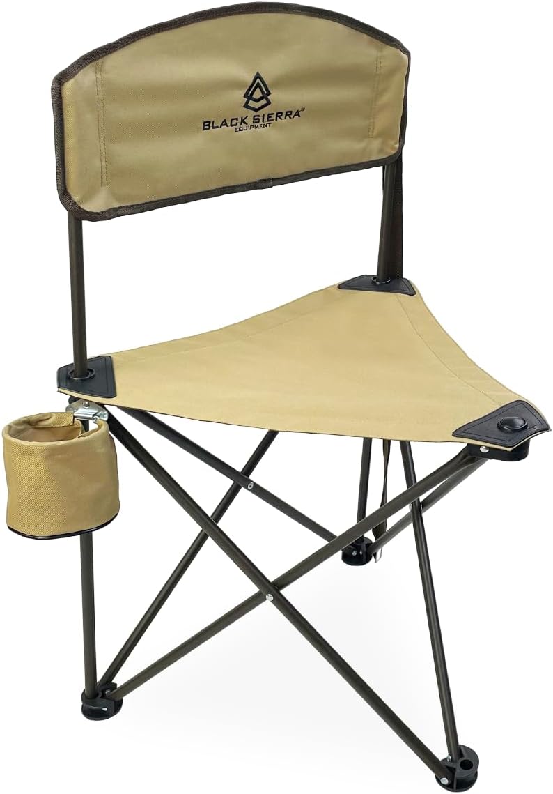 Tri-Lite Stool w/Back, Lightweight Portable Fishing Chair w/Cupholder and Carry Strap, Supports 225-Lb, Portable Outdoor Chair for the Hunting Blind, Camping, Travel, Hiking - Tan Tripod Stool with Backrest
