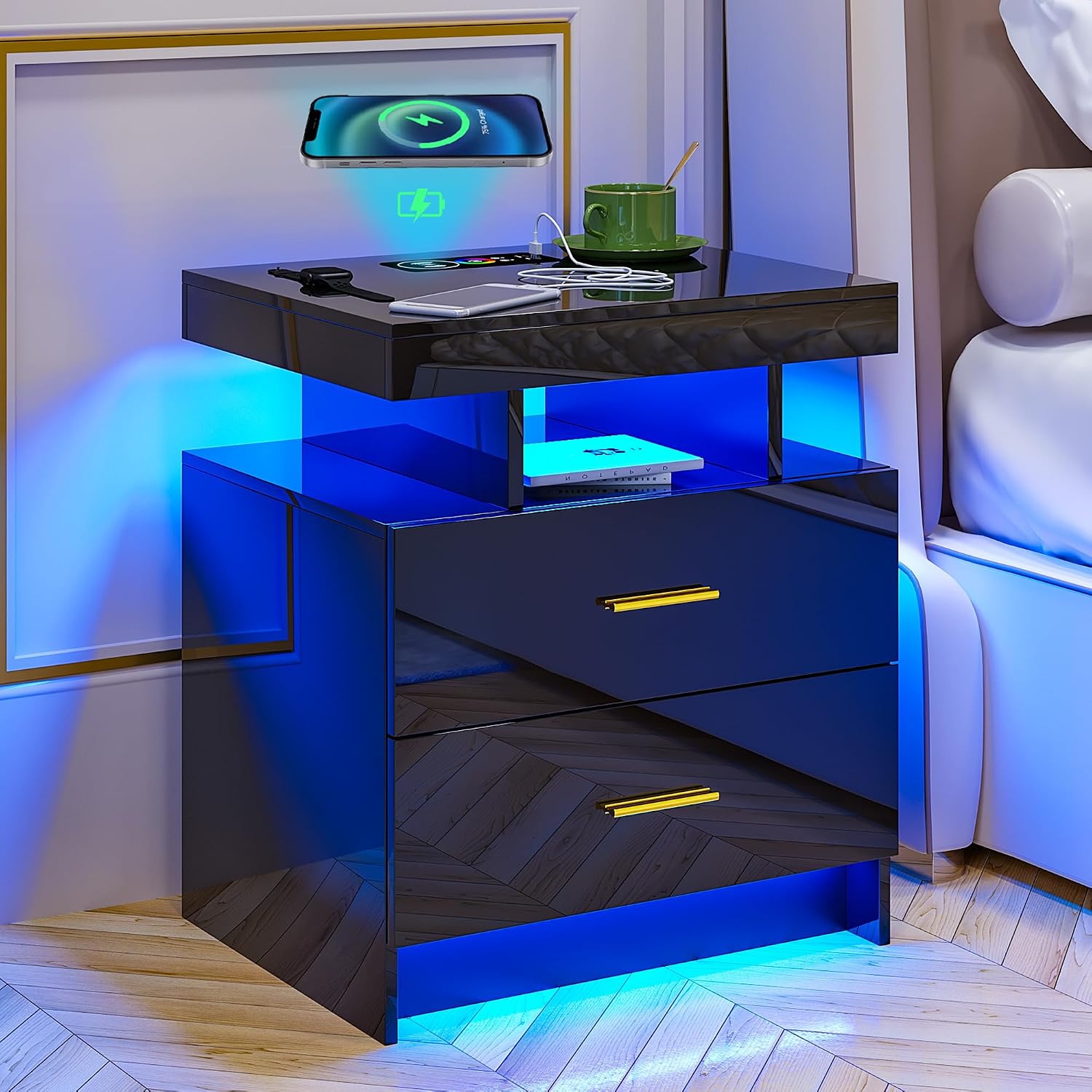 NIGHTSTAND WITH CHARGING STATION – LED, USB-C & DRAWERS - Black 2-Drawer Smart LED Nightstand