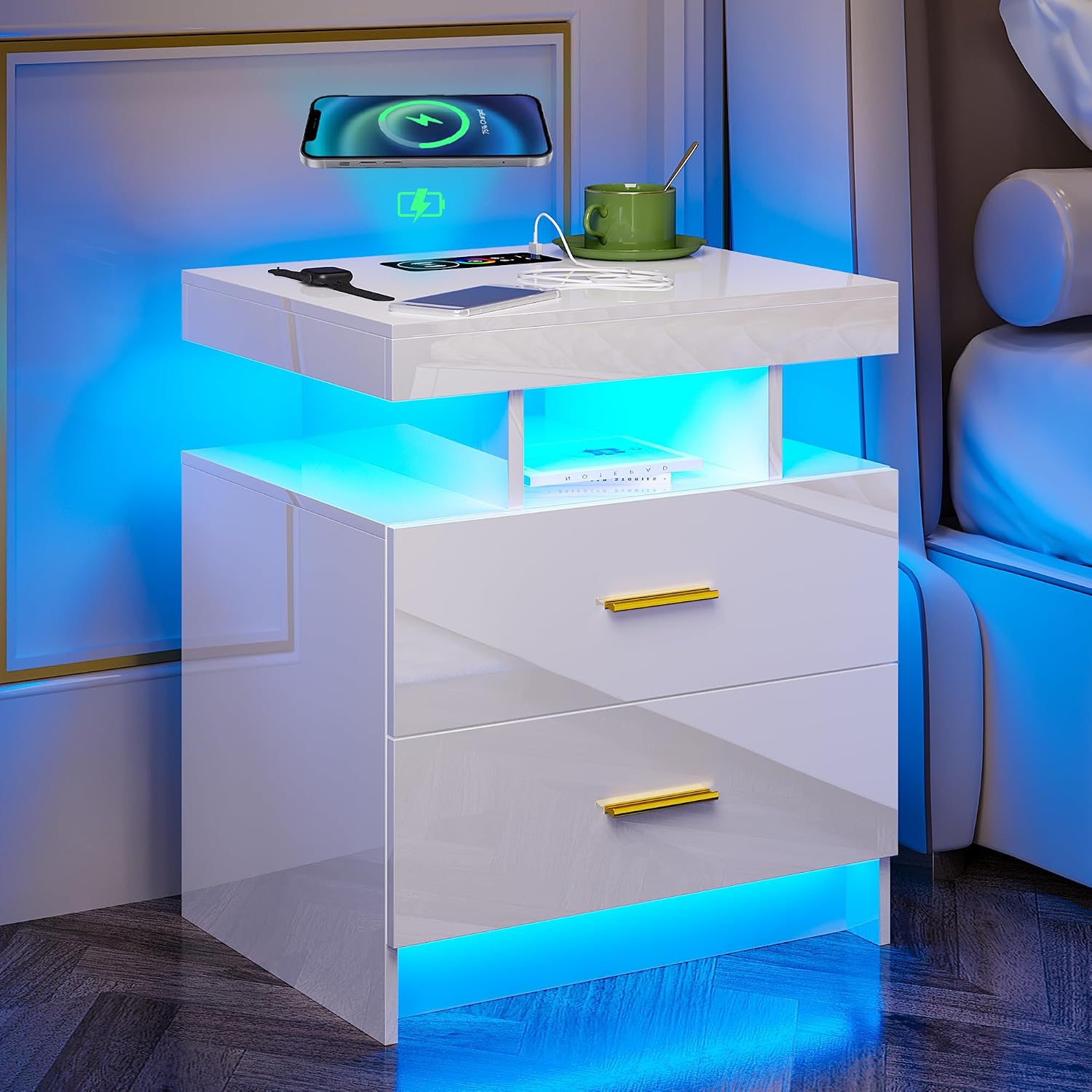 NIGHTSTAND WITH CHARGING STATION – LED, USB-C & DRAWERS - White 2-Drawer Smart LED Nightstand 22.8"