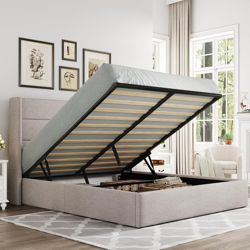 Lift-Up Storage Bed Frame with Upholstered Wingback Headboard