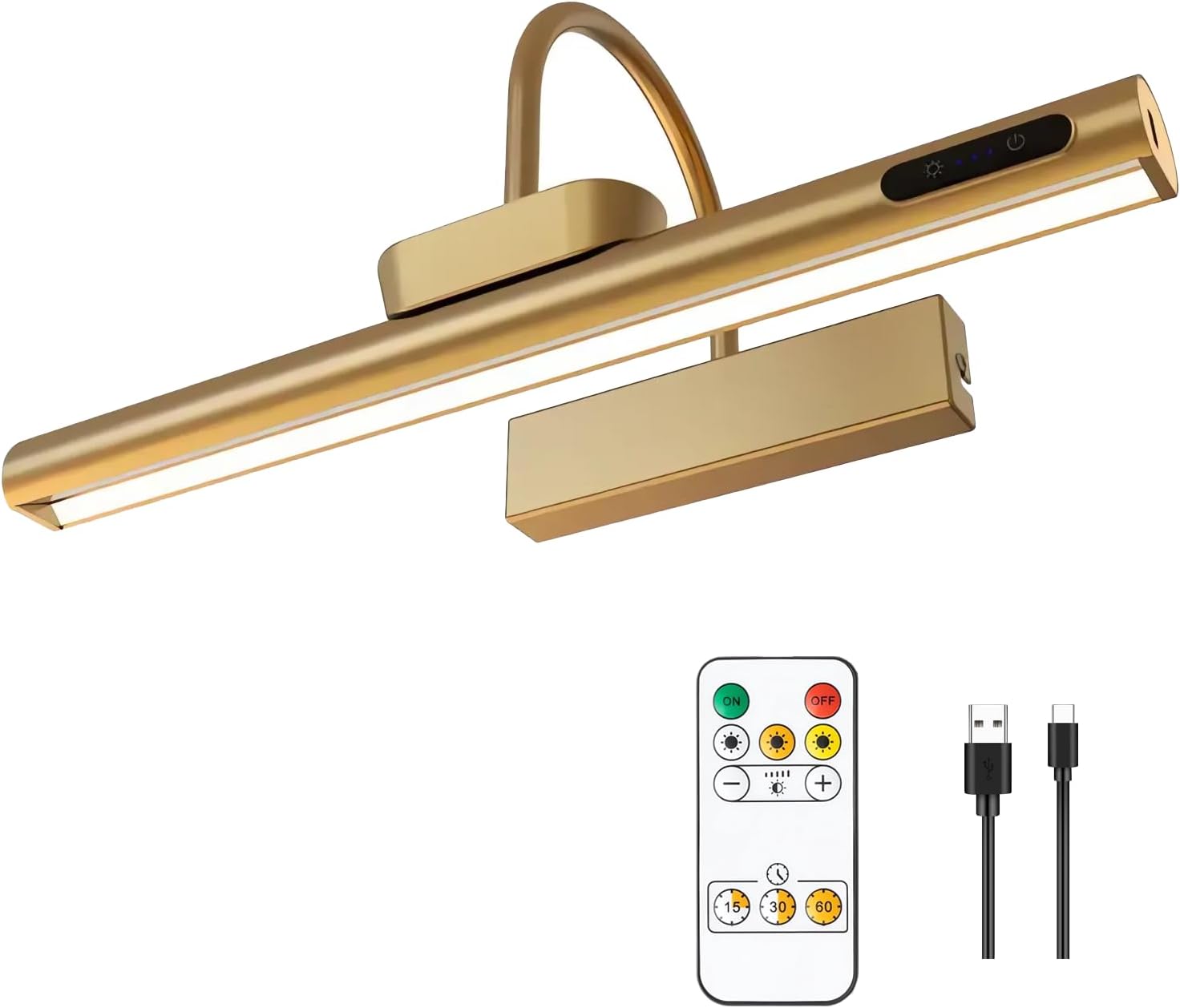 Picture Lights for Wall, Rechargeable Battery Operated LED Gallery Light Bar with Remote & Timer, Dimmable Wireless Wall Sconce for Paintings & Frames - Gold 14-Inch Cordless Picture Light
