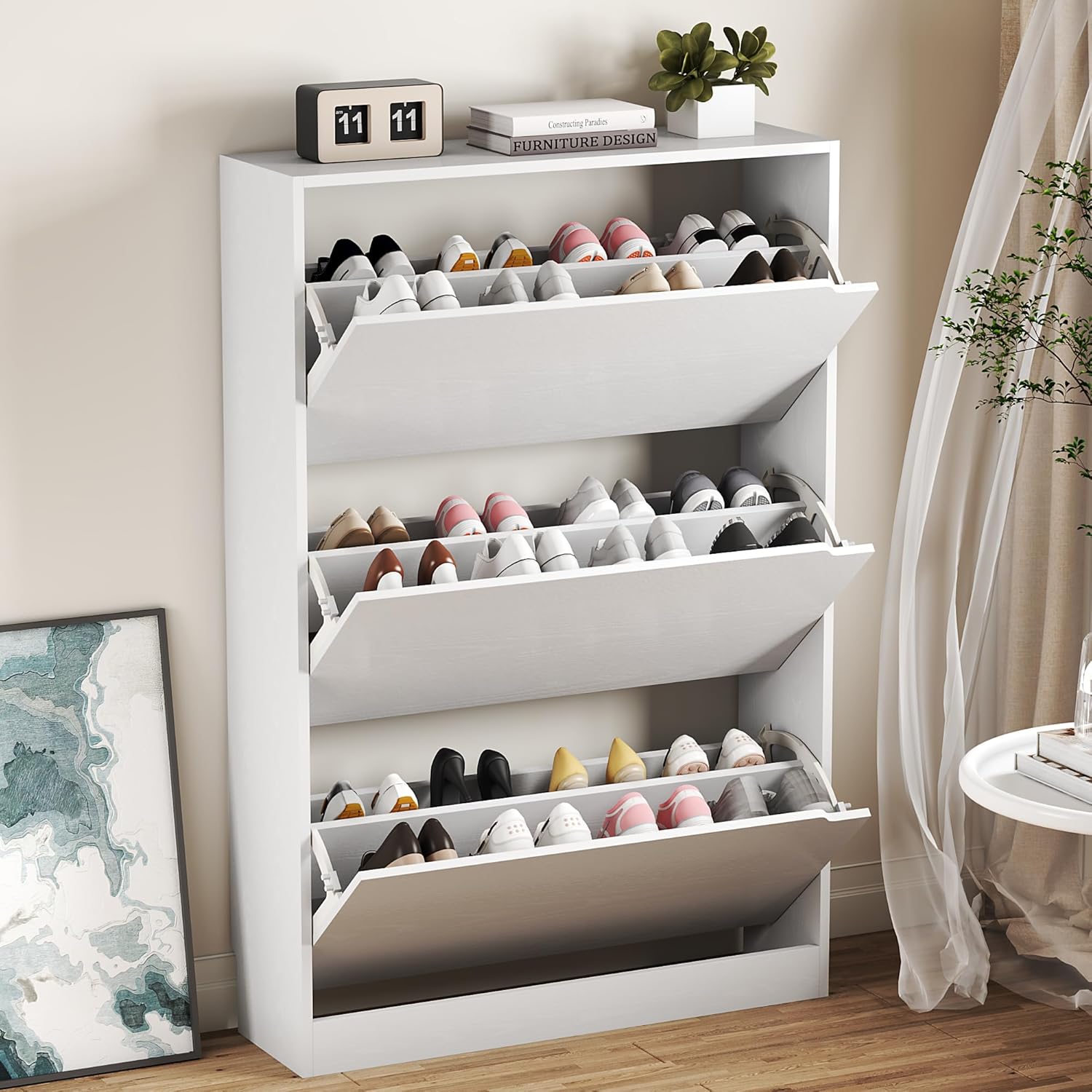 Folding Shoe Cabinet, Foldable Collapsible Shoe Rack Organizer with Doors, Freestanding Shoe Storage Cabinet for Hallway, Closet, Living Room - White 3-Drawer Flip Shoe Storage Cabinet