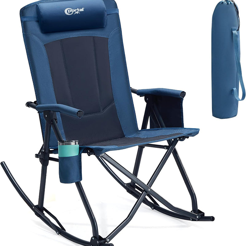 High Back Folding Rocking Camping Chair – Oversized Portable Outdoor Rocker with Cup Holder, Carry Bag & Heavy-Duty Steel Frame