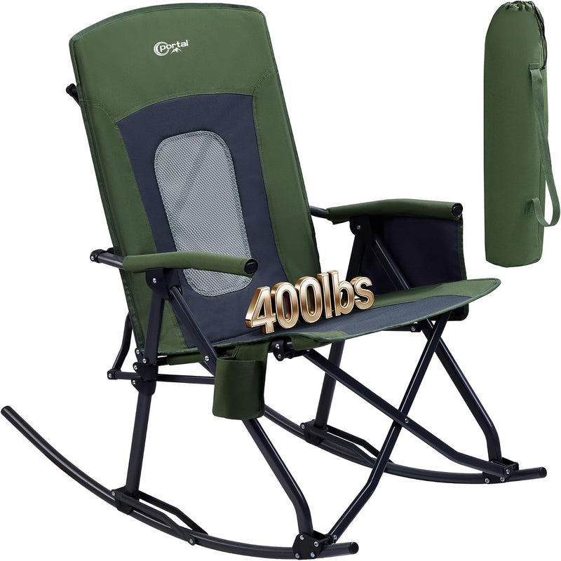 High Back Folding Rocking Camping Chair – Oversized Portable Outdoor Rocker with Cup Holder, Carry Bag & Heavy-Duty Steel Frame