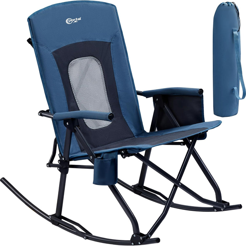 High Back Folding Rocking Camping Chair – Oversized Portable Outdoor Rocker with Cup Holder, Carry Bag & Heavy-Duty Steel Frame