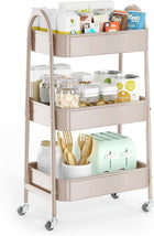 3-TIER ROLLING UTILITY CART – METAL STORAGE ORGANIZER WITH LOCKABLE WHEELS